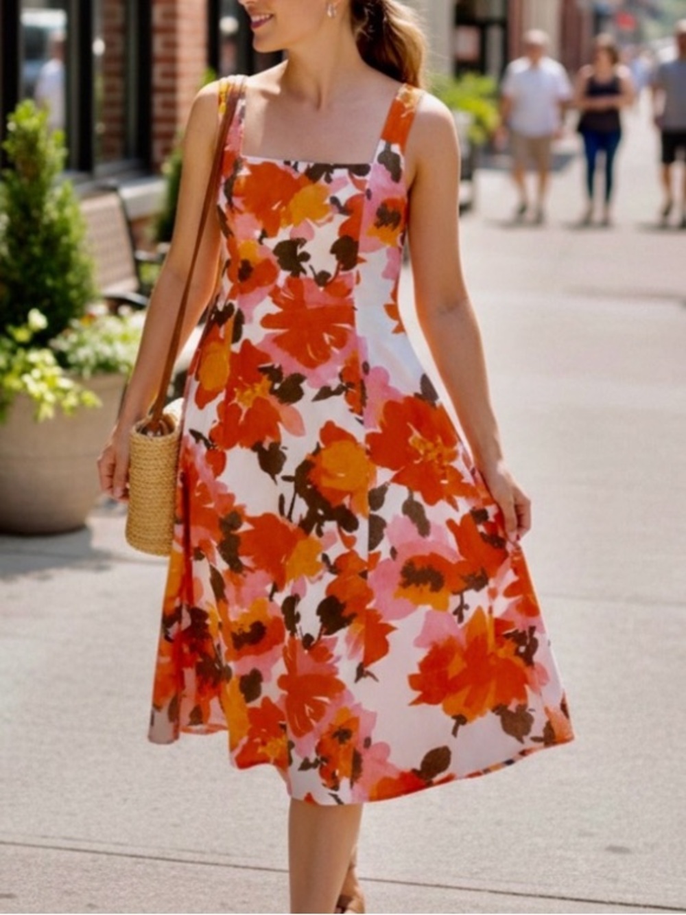 < Joie Linen Blend Square Neck Floral Midi Dress Size 2 >